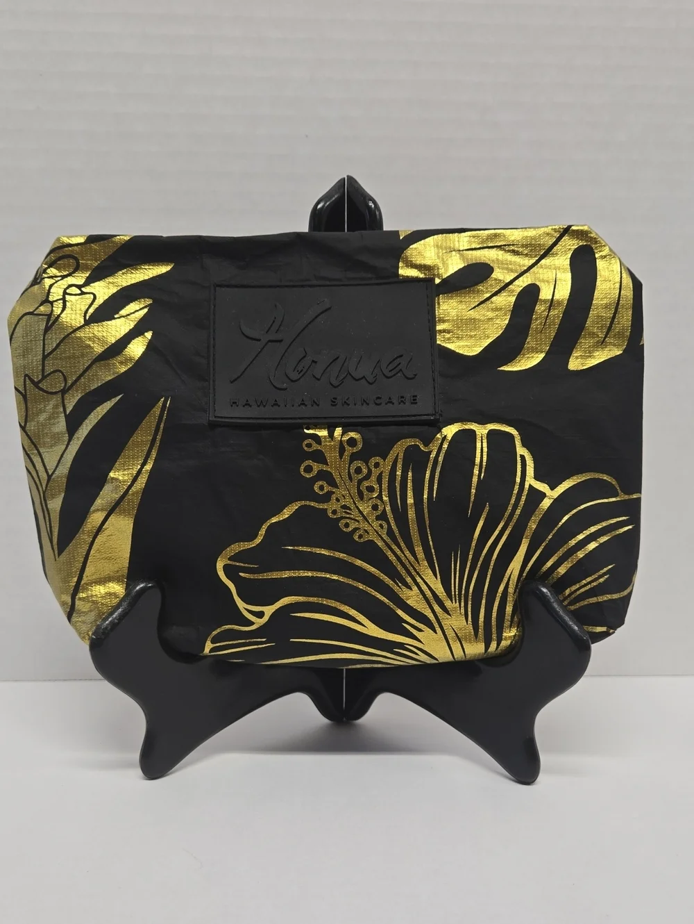 Honua Hawaiian Skincare Blk & Gold Floral Zippered Cosmetic Bag EUC 9